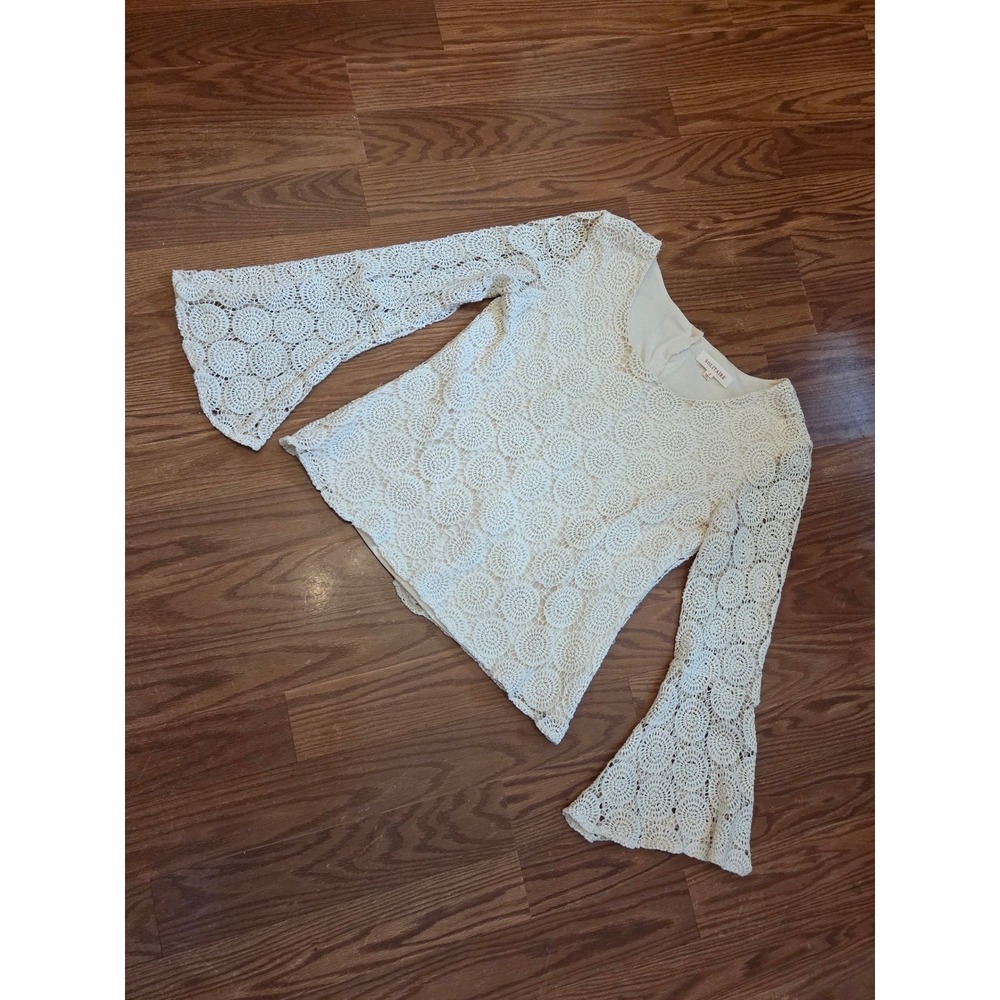 Solitaire Womens Ivory Crochet Lace Bell Sleeve Top Blouse‎ 16-1581 Small